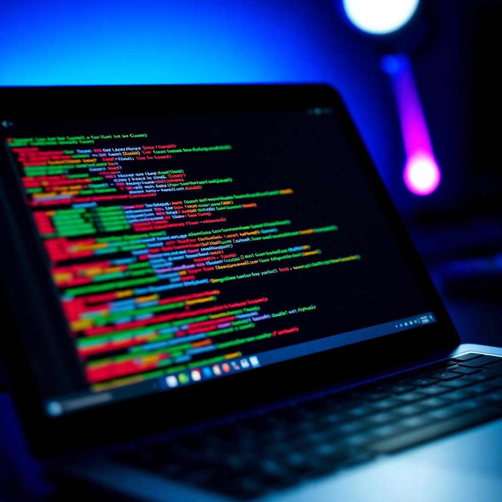 Laptop screen showing colourful source code in a dark room