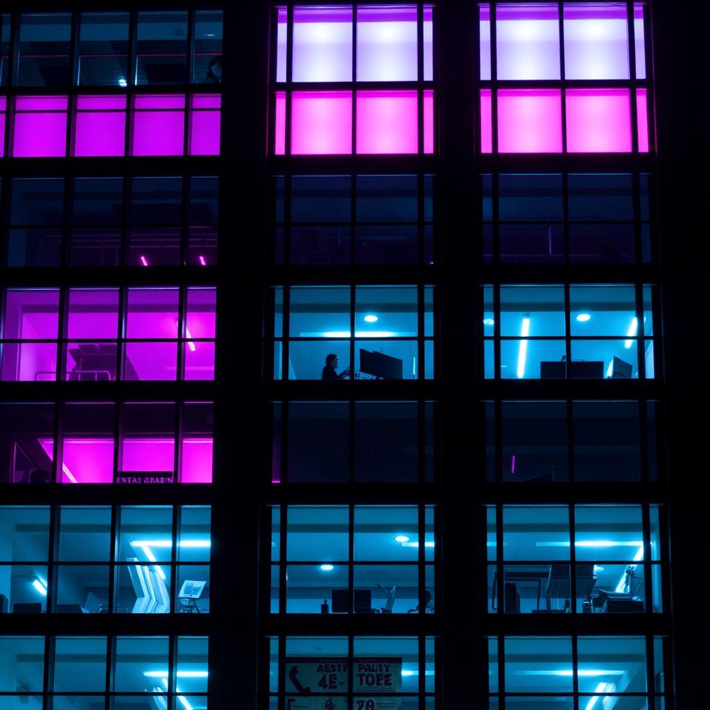 Office building at night with glowing pink and cyan windows